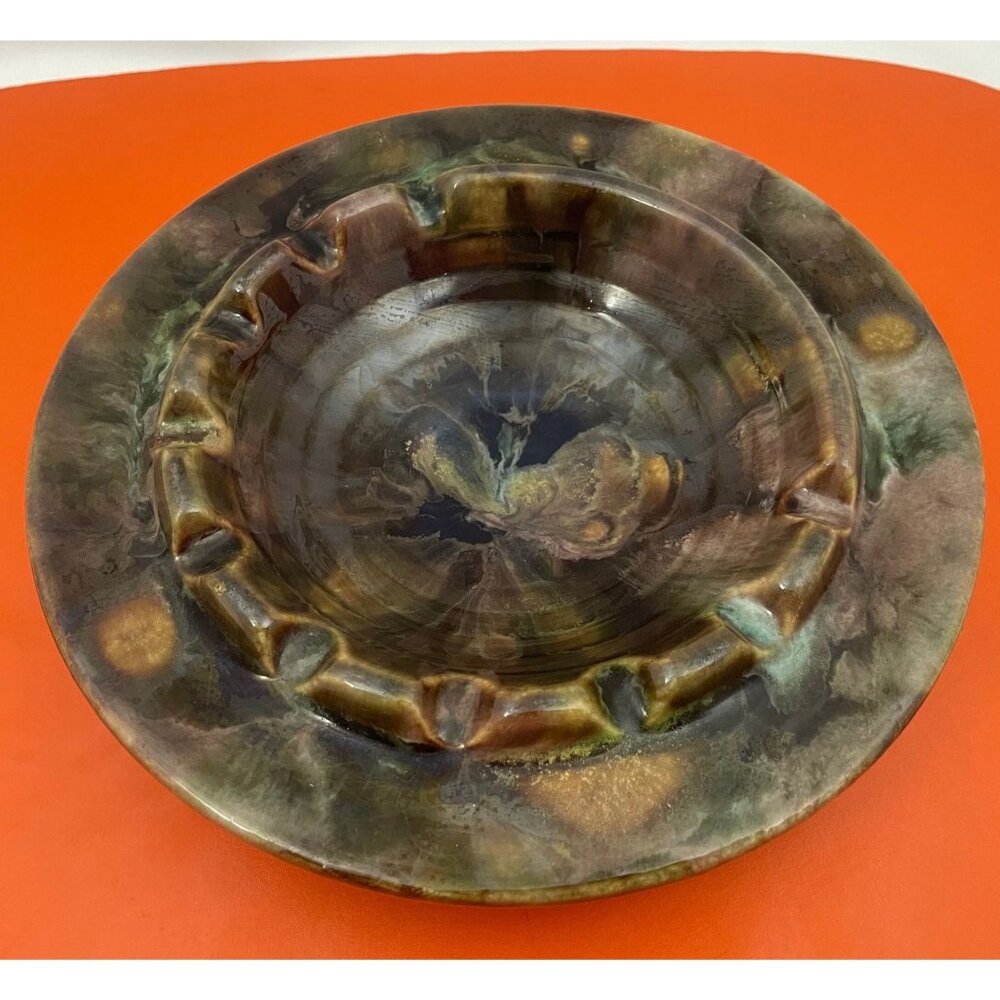 Vintage 60s ashtray, Beauceware ceramic Canadian pottery, faux marble glaze